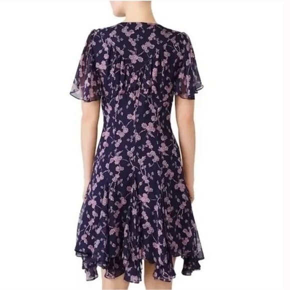 Cinq A SEPT Navy Silk Floral Mini Dress Swingy Handkerchief Flare Hem - Picture 3 of 7